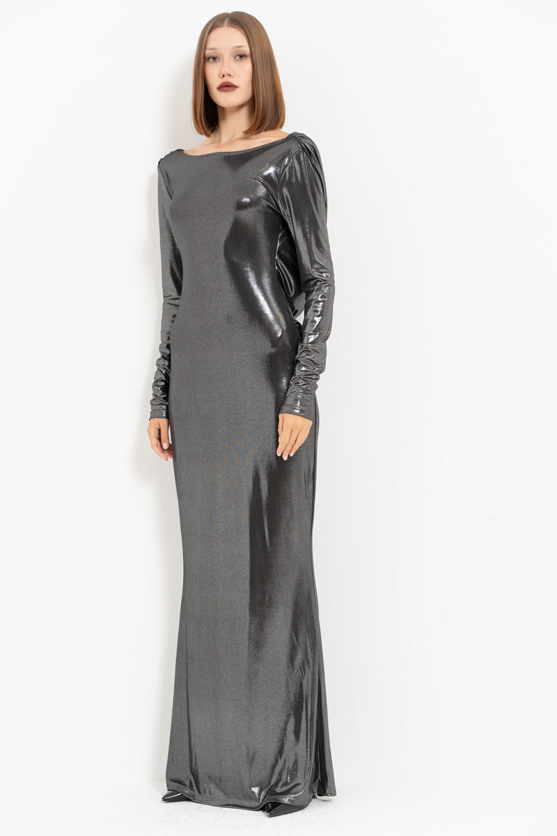 Silver Open-Back Long Sleeve Shimmer Dress