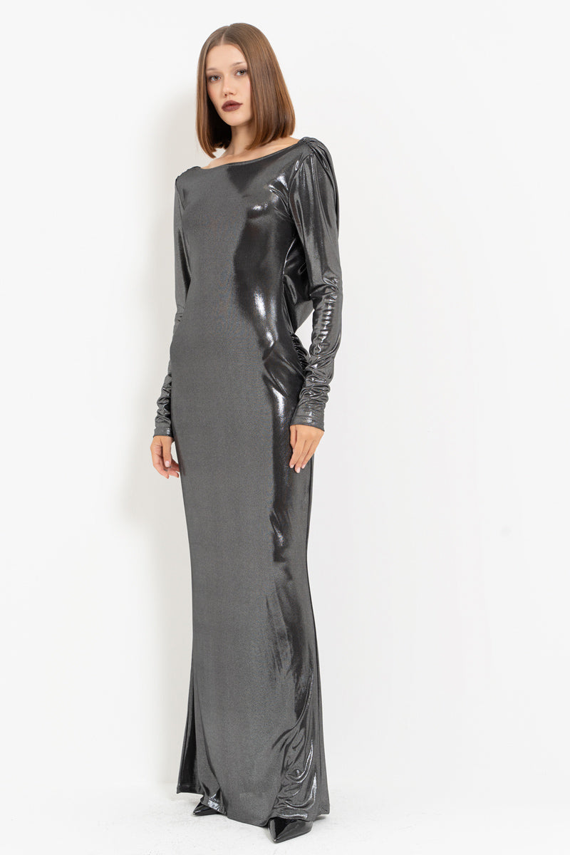 Silver Open-Back Long Sleeve Shimmer Dress