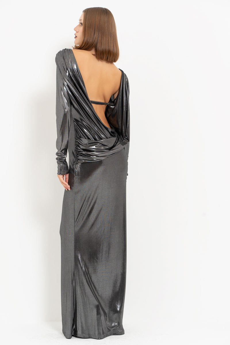Silver Open-Back Long Sleeve Shimmer Dress