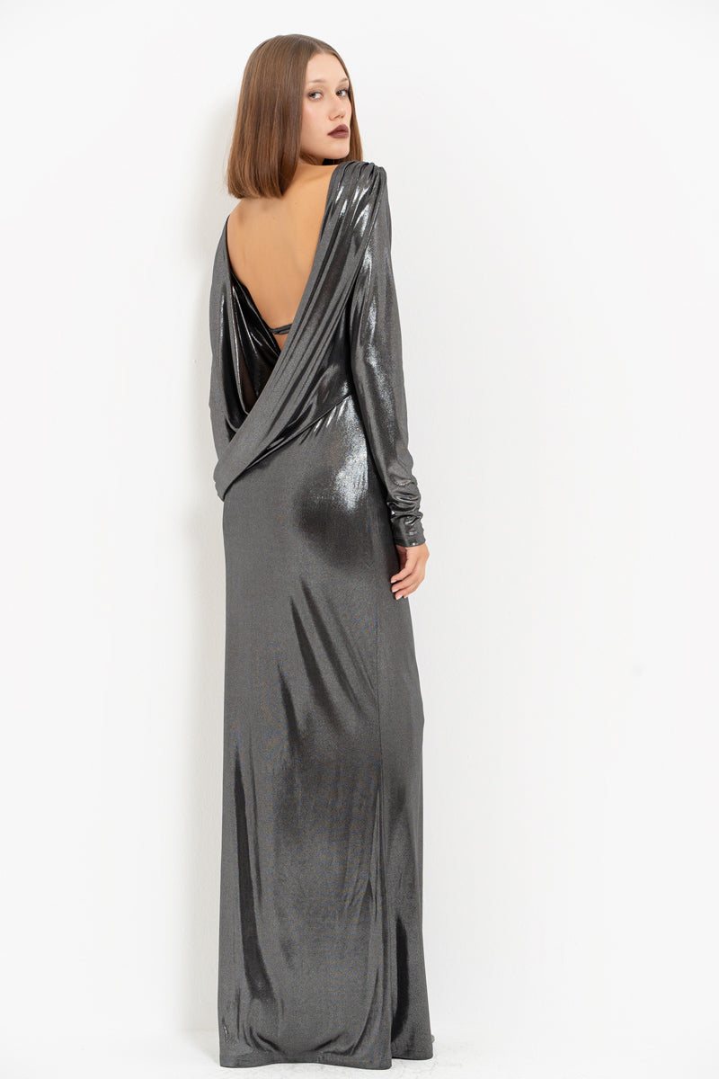 Silver Open-Back Long Sleeve Shimmer Dress