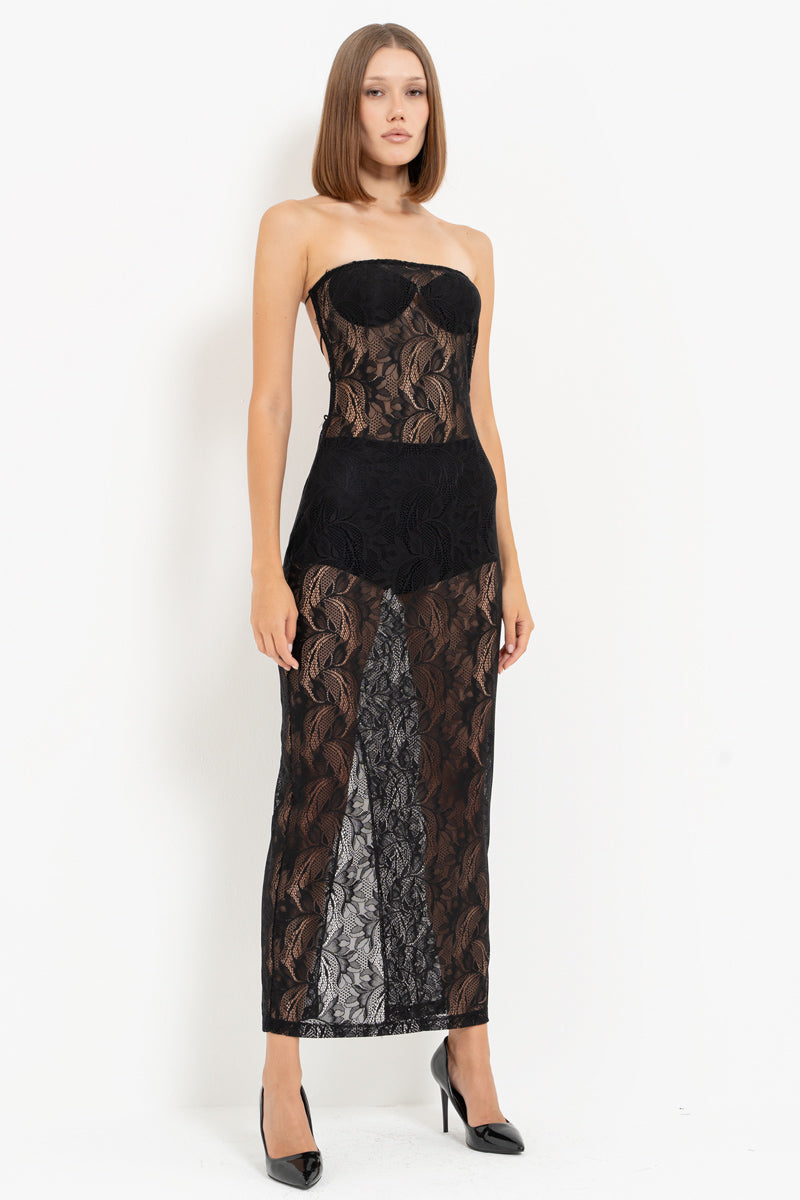 Black Sheer Lace Dress with Back Detail