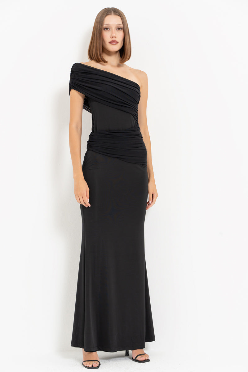 Black One-Shoulder Ruched Maxi Dress