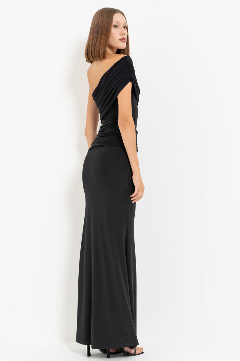 Black One-Shoulder Ruched Maxi Dress