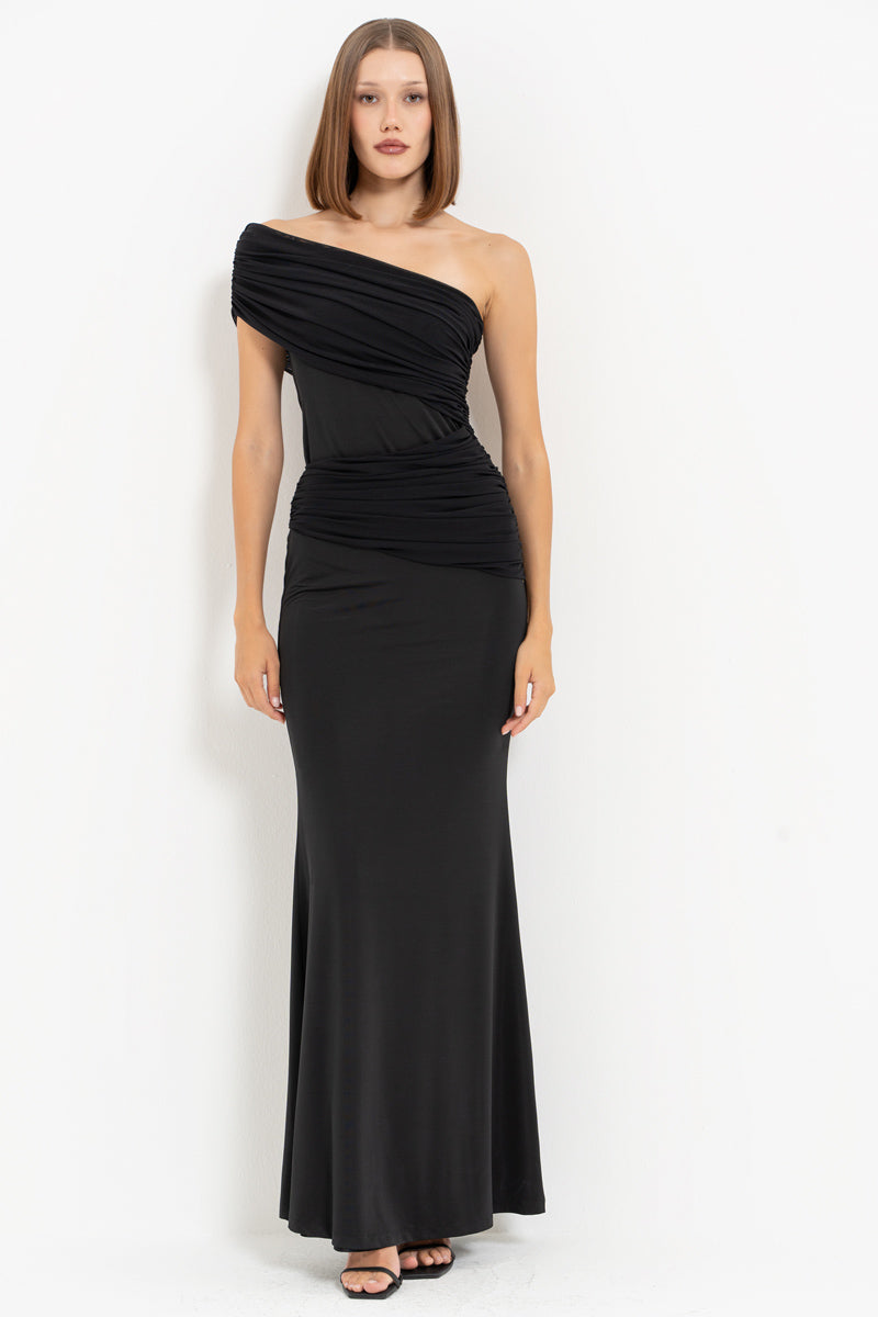 Black One-Shoulder Ruched Maxi Dress