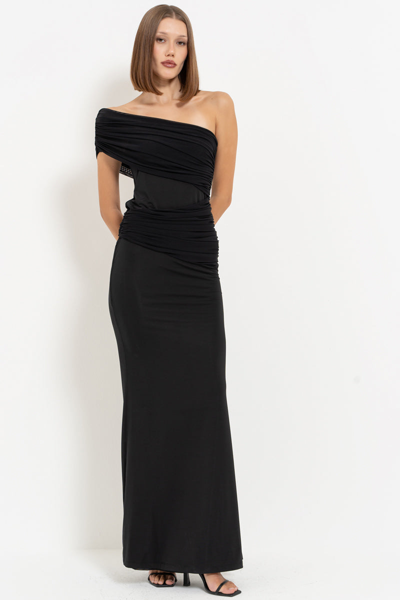 Black One-Shoulder Ruched Maxi Dress