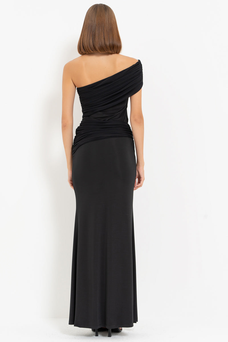 Black One-Shoulder Ruched Maxi Dress