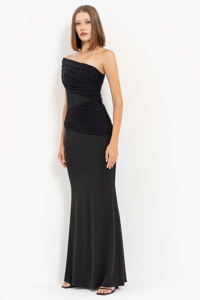 Black One-Shoulder Ruched Maxi Dress