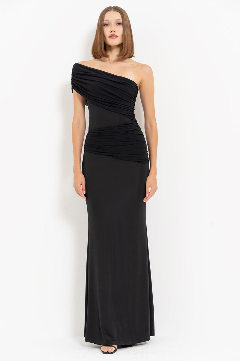 Black One-Shoulder Ruched Maxi Dress