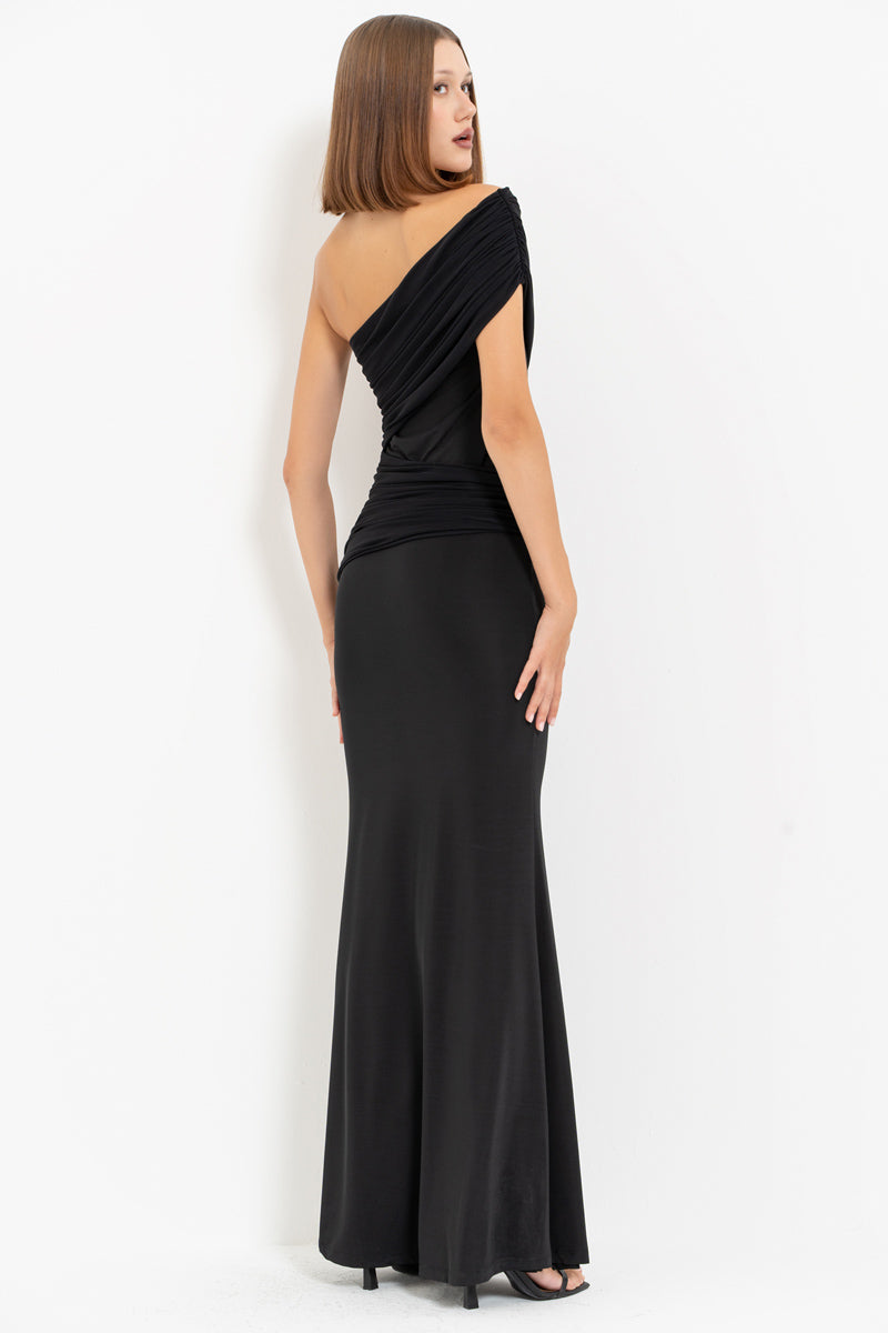 Black One-Shoulder Ruched Maxi Dress