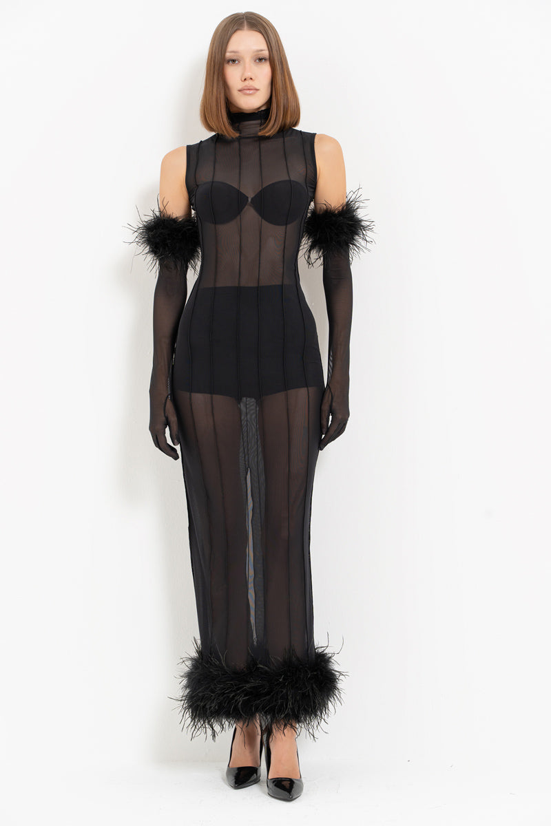 Turtleneck Long Tulle Dress with Gloves and Ostrich Feather Trim