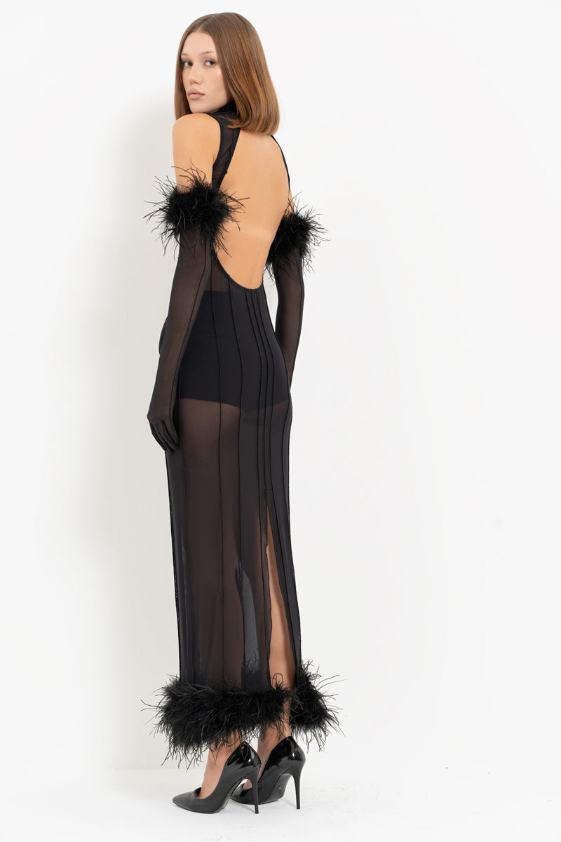 Turtleneck Long Tulle Dress with Gloves and Ostrich Feather Trim