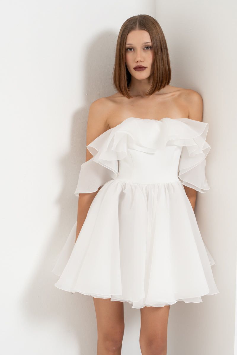 Off-White Off-Shoulder Mini Dress with Ruffle Detail