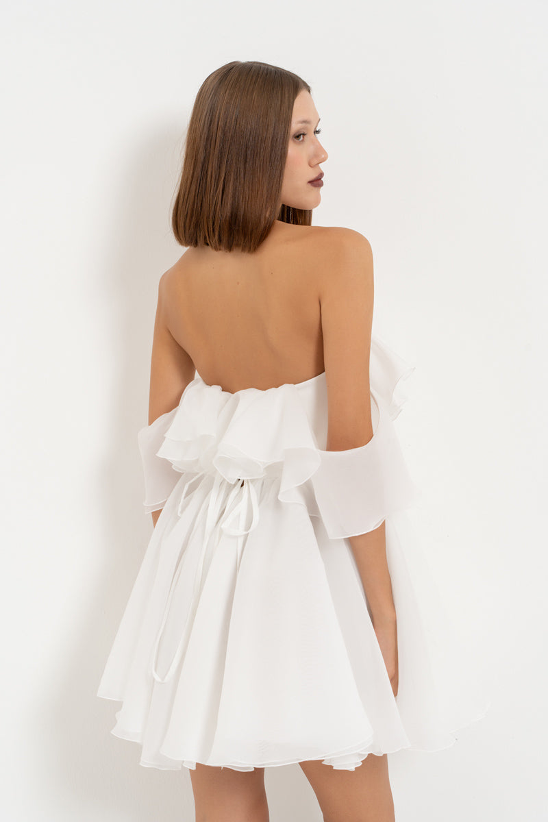 Off-White Off-Shoulder Mini Dress with Ruffle Detail