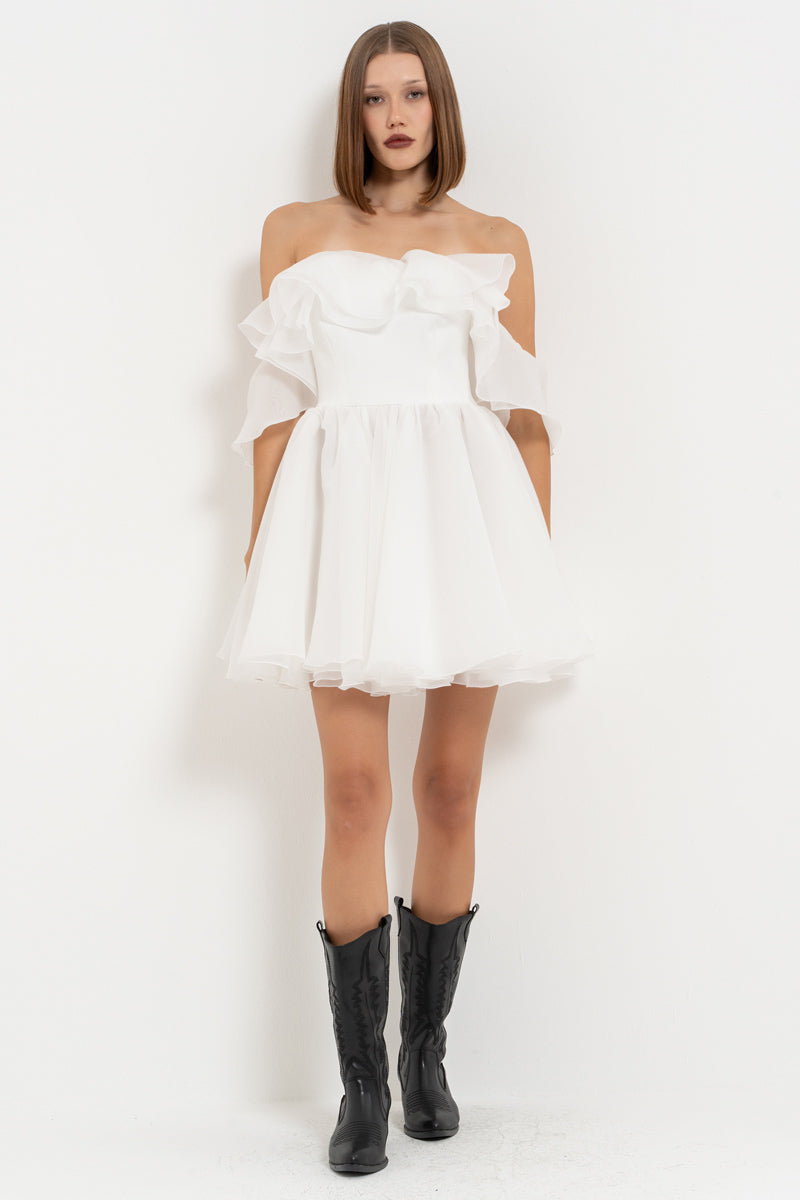 Off-White Off-Shoulder Mini Dress with Ruffle Detail