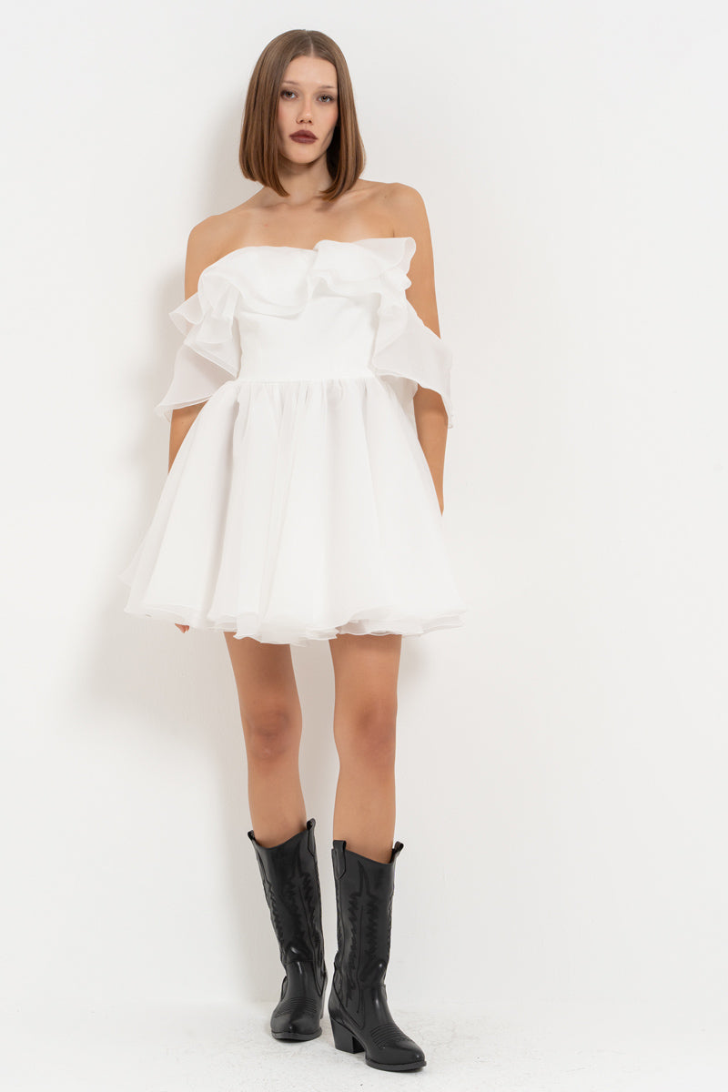 Off-White Off-Shoulder Mini Dress with Ruffle Detail