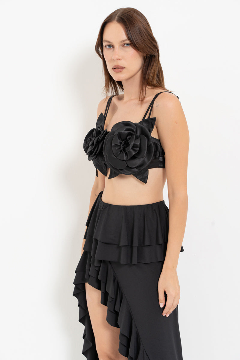 Black Strappy Floral Satin Bustier