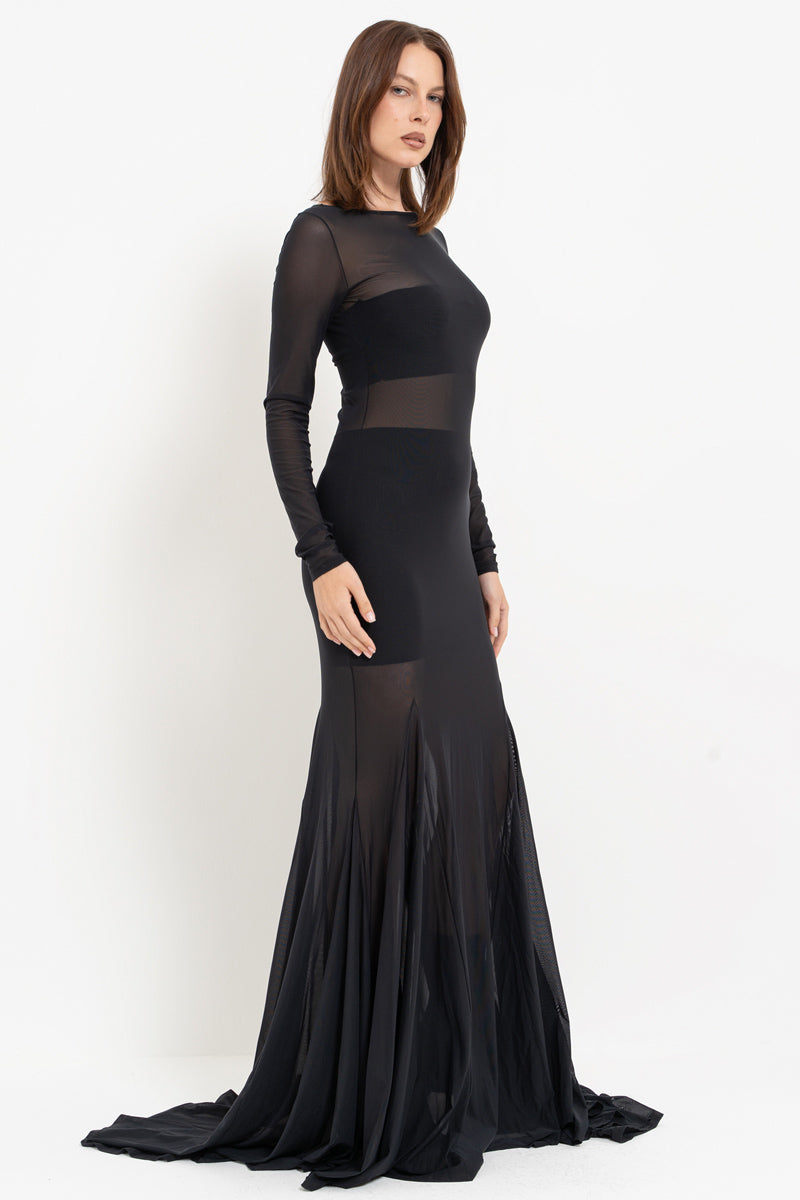 Black Sheer Maxi Dress with Skirt Detail