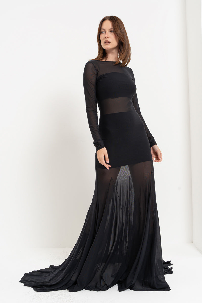 Black Sheer Maxi Dress with Skirt Detail