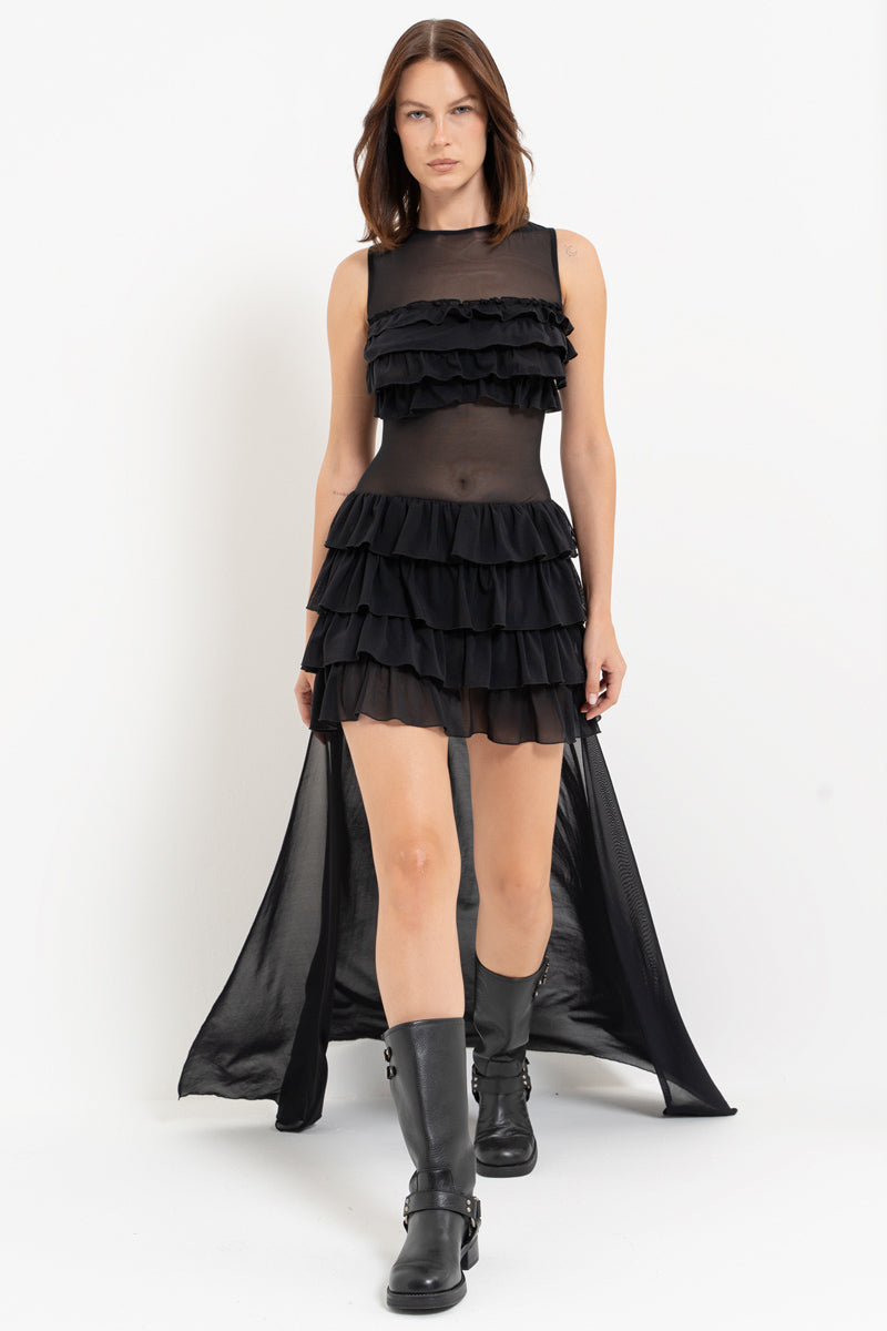 Black High-Low Ruffled Tulle Dress