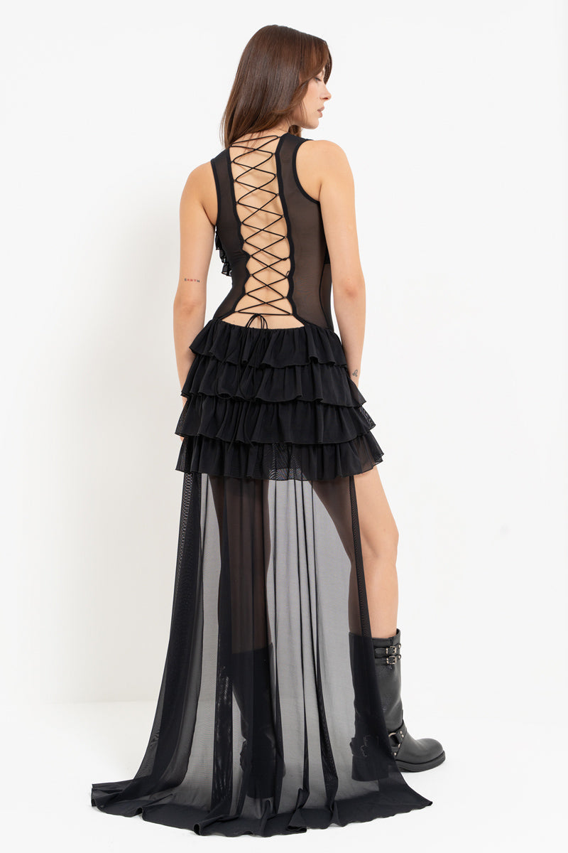 Black High-Low Ruffled Tulle Dress