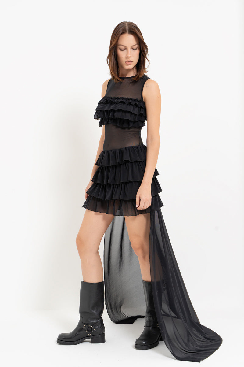 Black High-Low Ruffled Tulle Dress