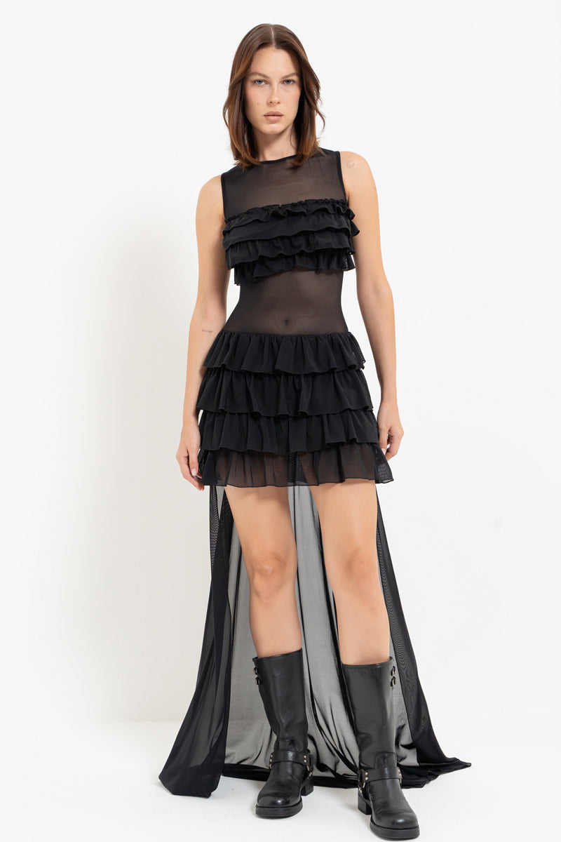 Black High-Low Ruffled Tulle Dress