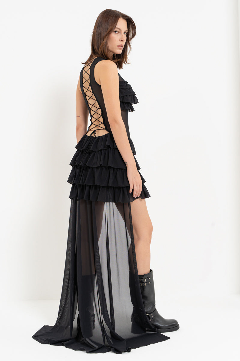 Black High-Low Ruffled Tulle Dress