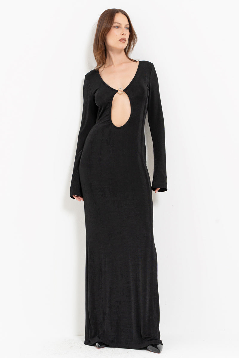 Black Deep V-Neck Maxi Dress
