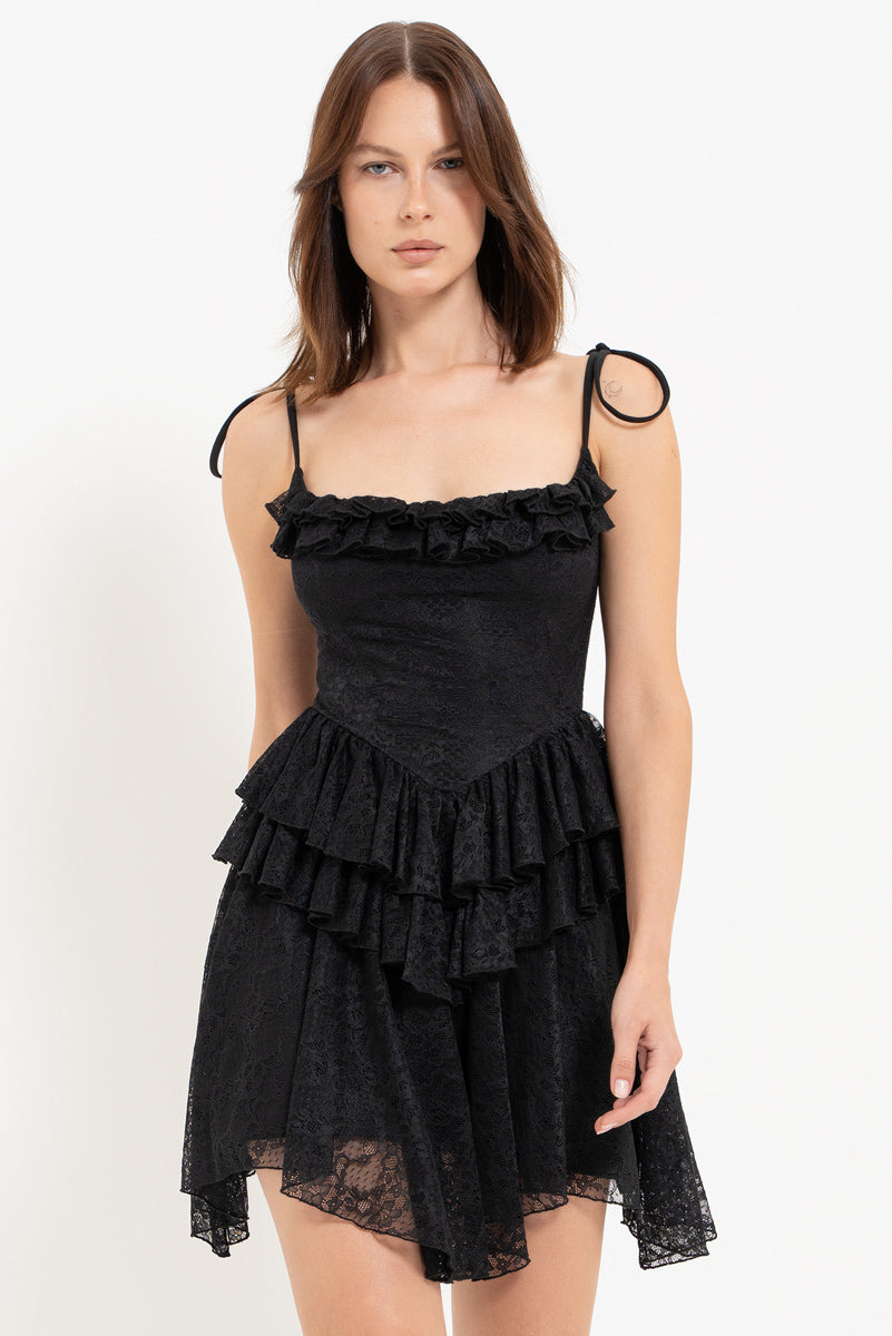 Black Lace Mini Dress with Straps