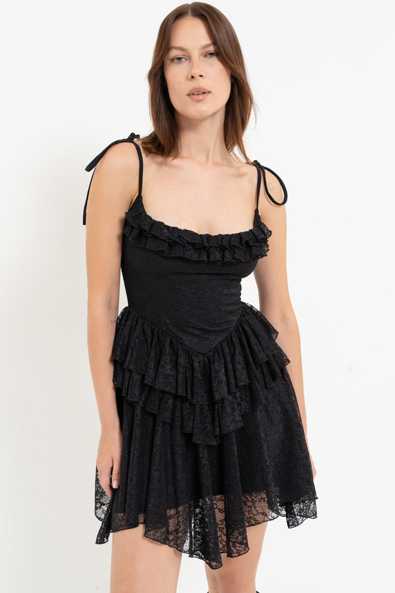 Black Lace Mini Dress with Straps