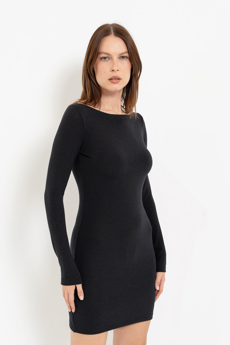 Sapphire Blue Boat Neck Long Sleeve Mini Dress