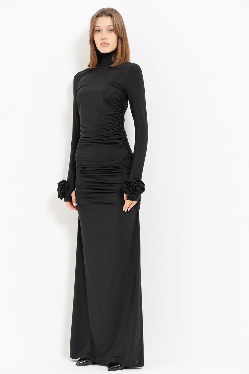 Black Turtleneck Dress with Rose Detail