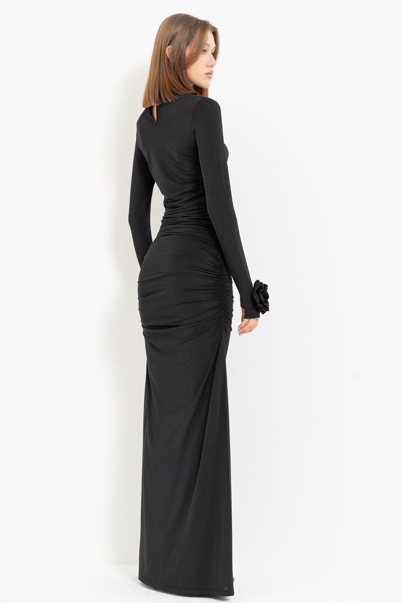 Black Turtleneck Dress with Rose Detail