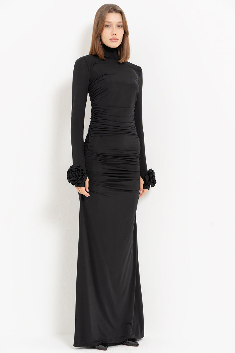 Black Turtleneck Dress with Rose Detail