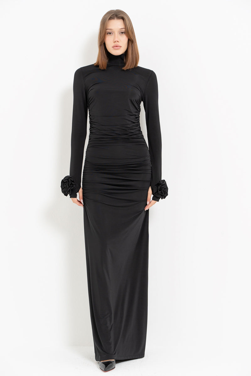 Black Turtleneck Dress with Rose Detail
