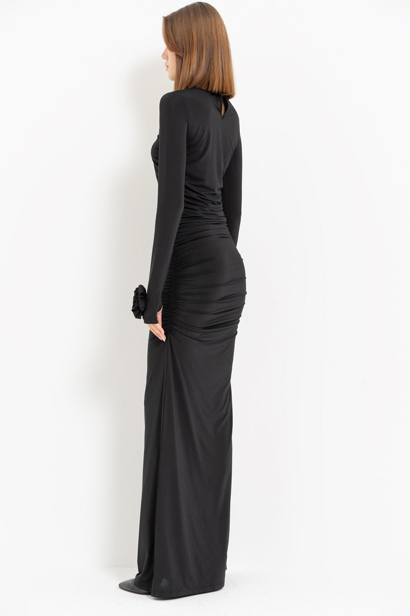 Black Turtleneck Dress with Rose Detail