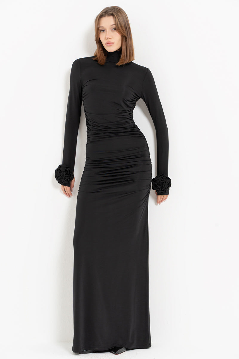 Black Turtleneck Dress with Rose Detail
