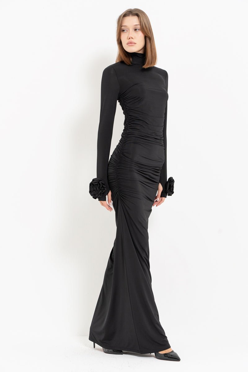 Black Turtleneck Dress with Rose Detail