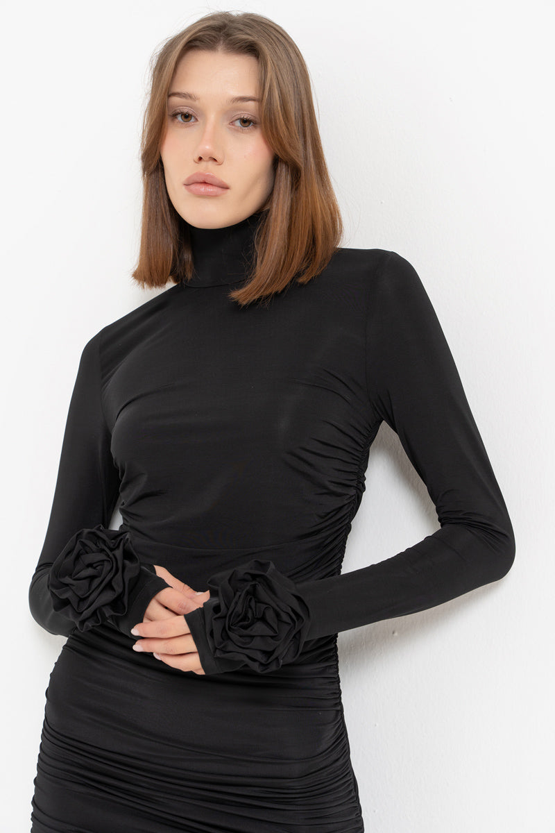 Black Turtleneck Dress with Rose Detail