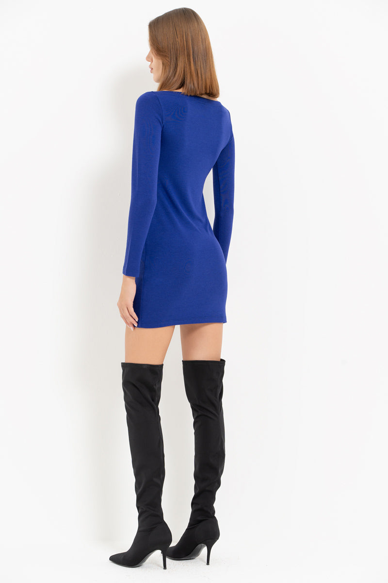Sapphire Blue Boat Neck Long Sleeve Mini Dress