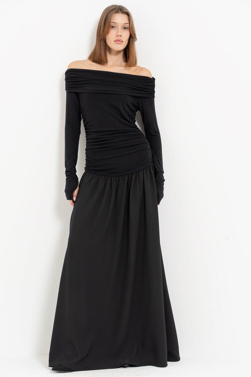 Black Off-Shoulder Ruched Maxi Dress