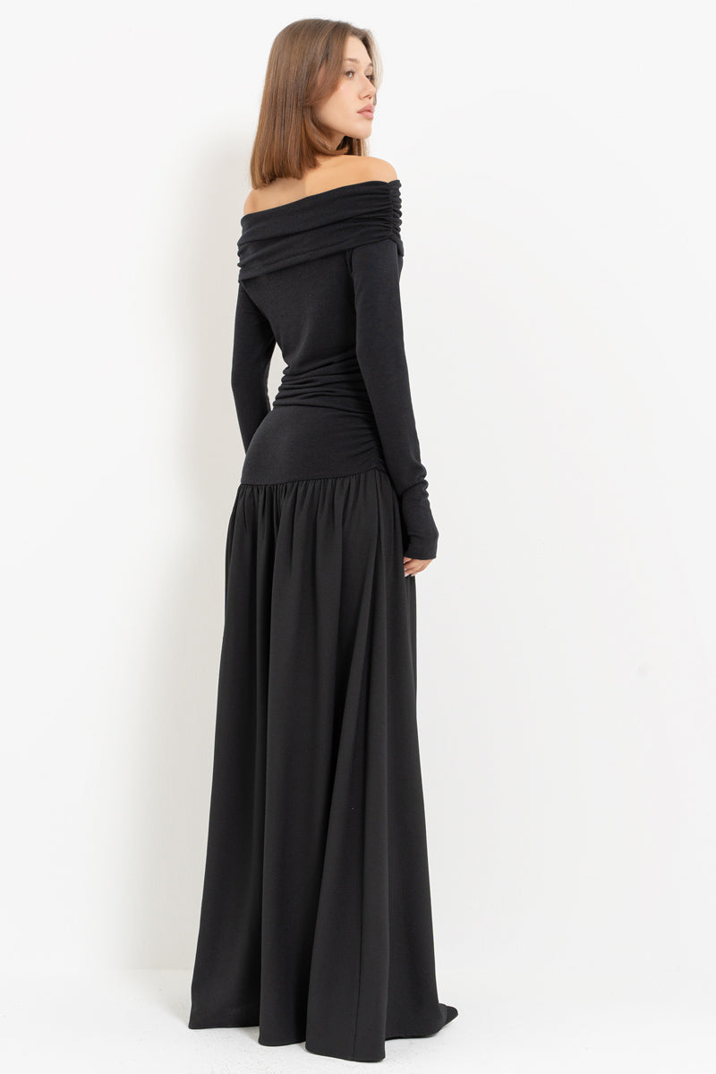 Black Off-Shoulder Ruched Maxi Dress