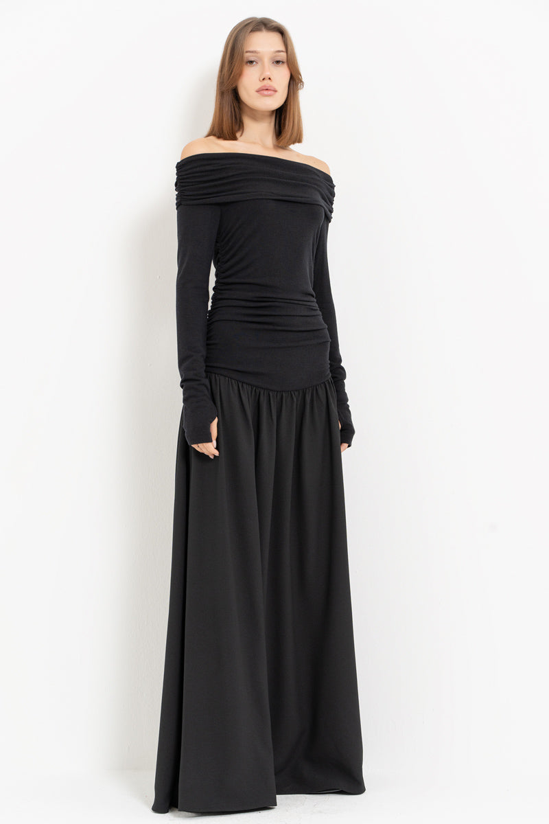 Black Off-Shoulder Ruched Maxi Dress