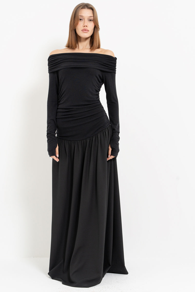 Black Off-Shoulder Ruched Maxi Dress