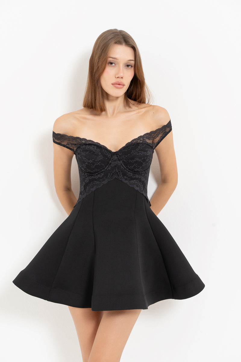 Black Lace Bardot Neck Dress