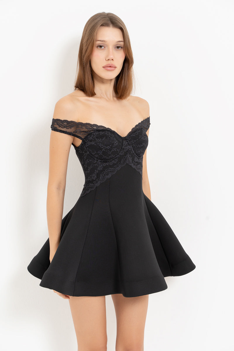 Black Lace Bardot Neck Dress