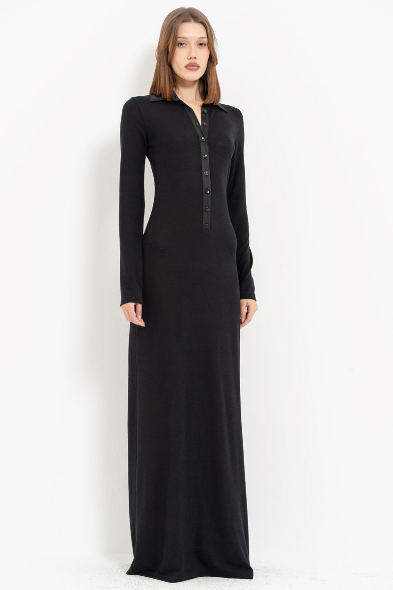 Black Shirt Collar Maxi Dress