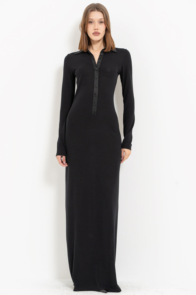 Black Shirt Collar Maxi Dress