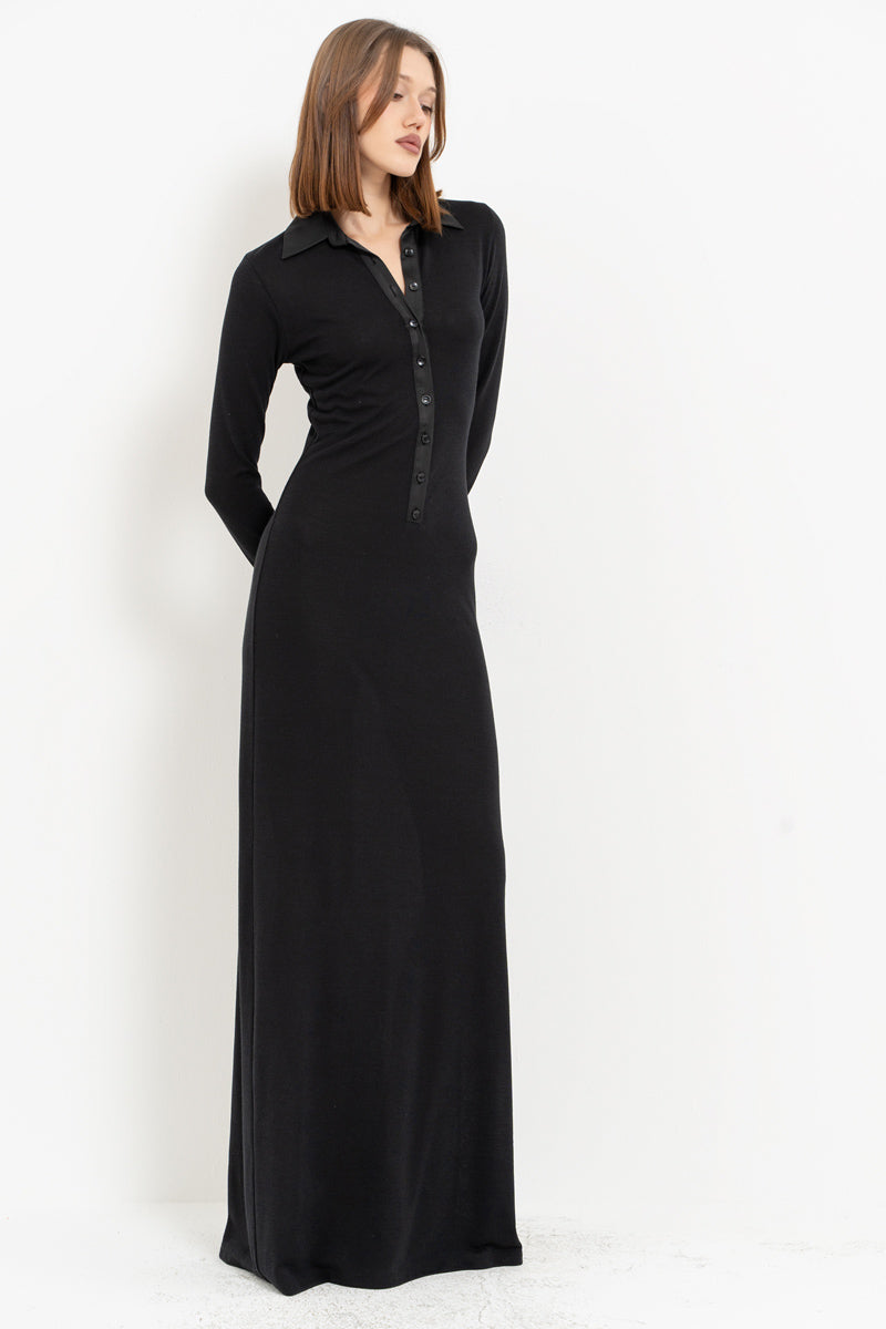 Black Shirt Collar Maxi Dress