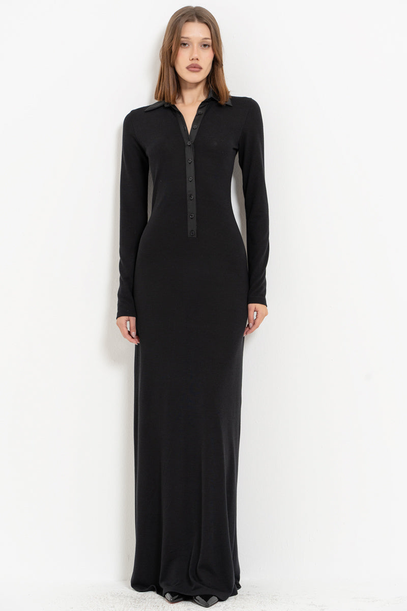 Black Shirt Collar Maxi Dress